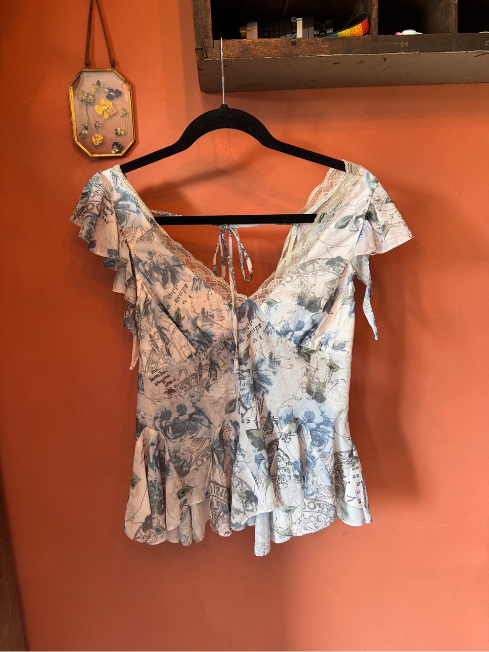 Vici Blue and Cream Floral Ruffle Peplum Top